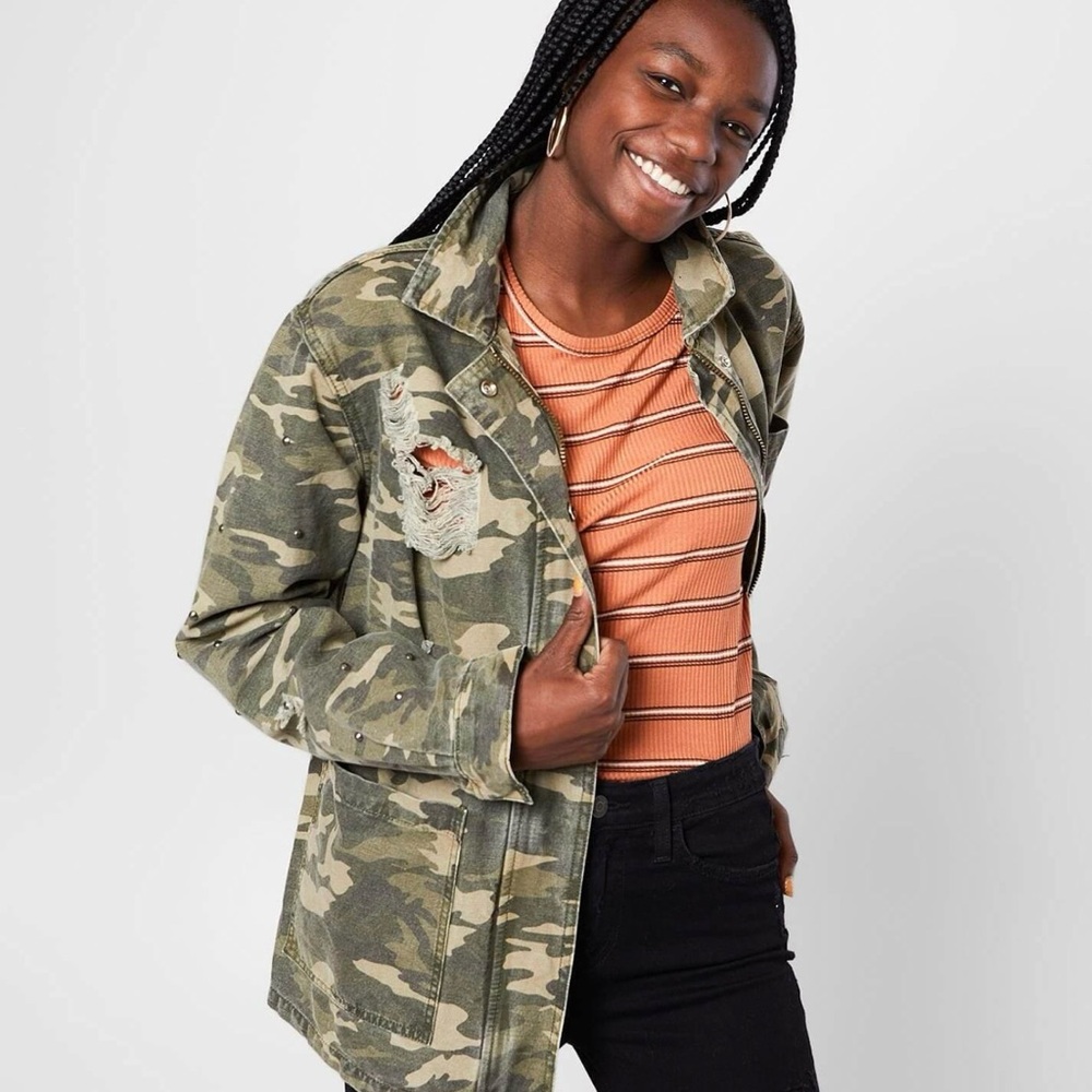 Gilded Intent Washed Camo Denim Jacket - Distressed Women's Sz Med